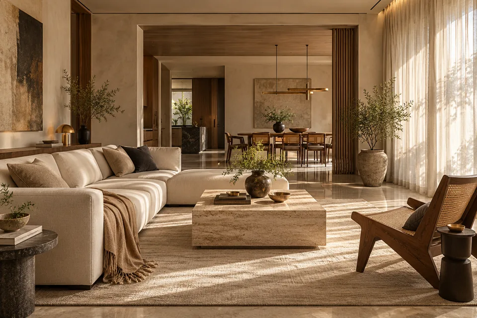 Design concept: a warm living room with natural oak, ivory linen and travertine